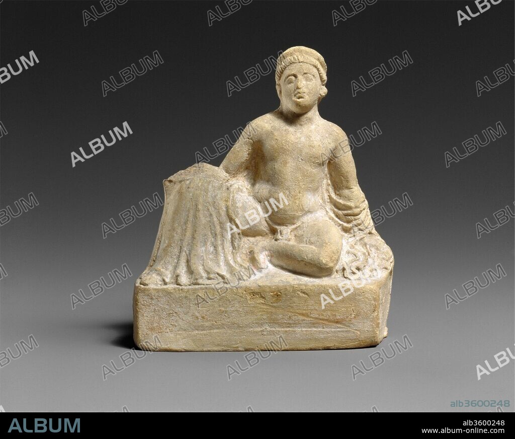 Terracotta statuette of a "temple boy". Culture: Cypriot. Dimensions: H. 4 3/4 in. (12.1 cm). Date: 3rd century B.C..
Votive "temple boy" figures are more common in limestone, and small terracotta such as this are relatively rare. Various interpretations have been put on the purpose of the figures, but it seems likely that they were placed in temples to mark a rite of passage in the boy's life and secure for him divine protection. But, whatever the meaning of the figures, it is clear that they represent a Cypriot custom that drives not form the Greek world but form that of the Near East.