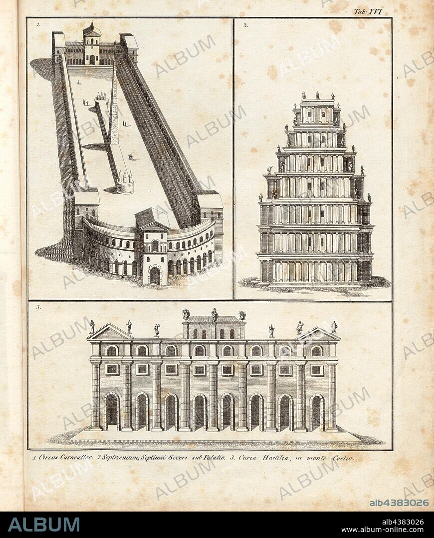 1. Circa Caracalla 2. Afrus, Severus at the Palace, 3. court is secure in his mind Coelian, Circus of Maxentius, Septizodium and Curia Hostilia in Rome, Tab. XVI, Franz Heinrich Köhler: Urbs Roma: Ansichten der Tempel, Paläste, Theater, Amphitheater, Triumphbogen, Porticus, Circi, Naumachieen, Basilieae, Grabmäler, Wasserleitungen, Thore, Bäder, Ehrensäulen, Obelisken etc. Bd. 1. Leipzig: Köhler, 1829.