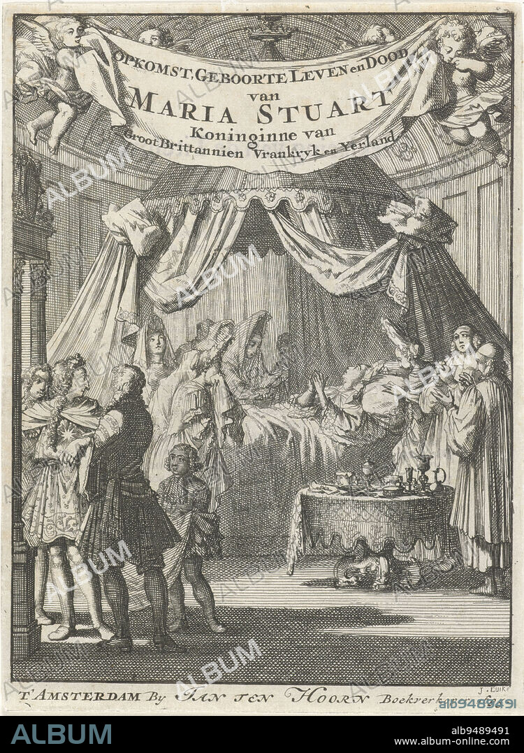 Deathbed of Mary II Stuart, Queen of England and Scotland, 1695 Title page for: P. Rabus, Rise, birth, life and death of Mary Stuart, 1695, print maker: Jan Luyken, (mentioned on object), publisher: Jan Claesz ten Hoorn, (mentioned on object), Amsterdam, 1695, paper, etching, letterpress printing, h 181 mm × w 133 mm.