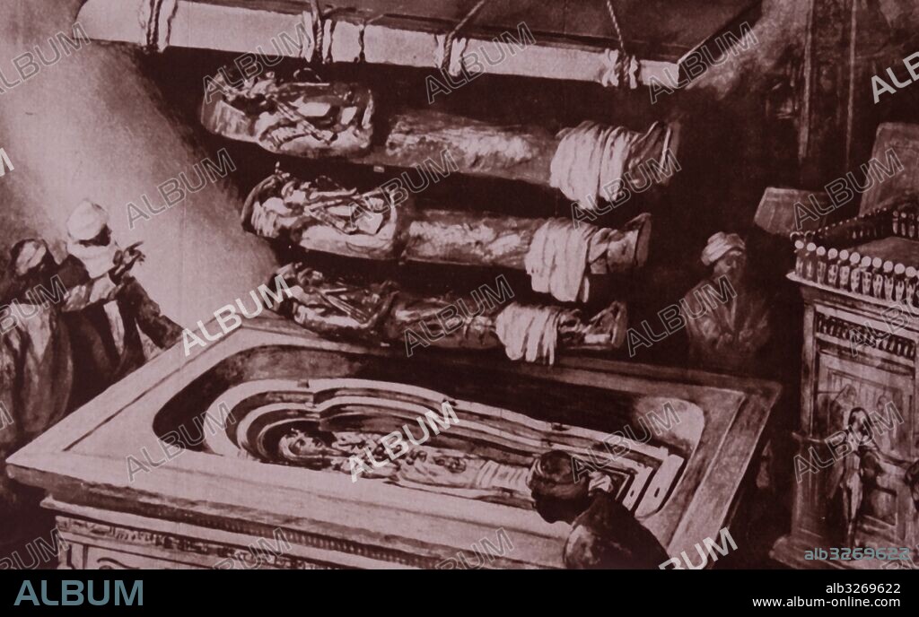 Reconstruction of the opening of the sarcophagus of Tutankhamun, the Egyptian pharaoh of the 18th Dynasty. Dated 20th Century.
