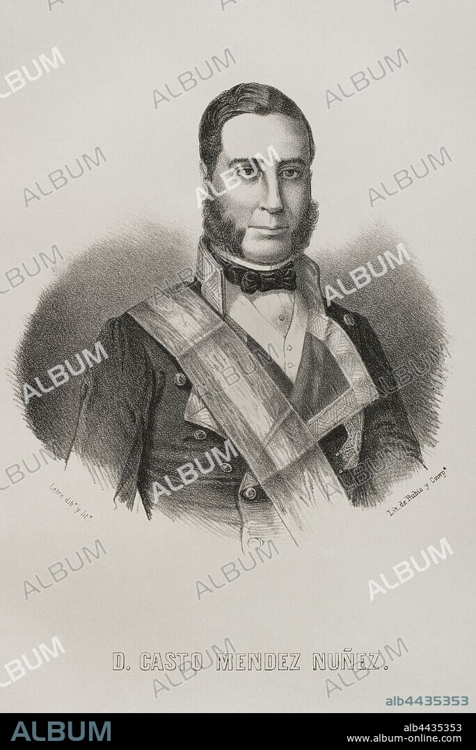 Casto Méndez Núñez (1824-1869). Marino y militar español. Contraalmirante de la Real Armada Española. Dibujo por Letre. Litografía. Crónica General de España, Historia Ilustrada y Descriptiva de sus Provincias. Galicia,1866. Biblioteca Histórico Militar de Barcelona, Cataluña, España.