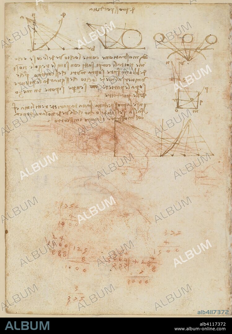 LEONARDO DA VINCI. Folio f 15v. Codex Madrid II (Mss. 8936) "Tratado de fortificación, estática y geometría". 158 folios (316 págs.); formato interior: 210 x 145 mm. OPERACIONES MATEMÁTICAS, ANOTACIONES CONTABLES. PERSPECTIVA, ÓPTICA, PINTURA, DIBUJO.