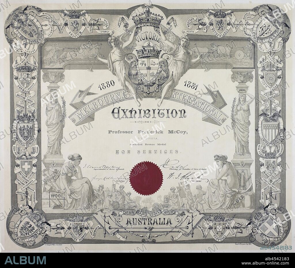 Certificate - Melbourne International Exhibition, Awarded to Thomas Gaunt, 1880-1881, Certificate of fourth order of merit awarded to Thomas Gaunt, Melbourne for barometers, thermometers and hydrometers, at the Melbourne International Exhibition, 1880-81.