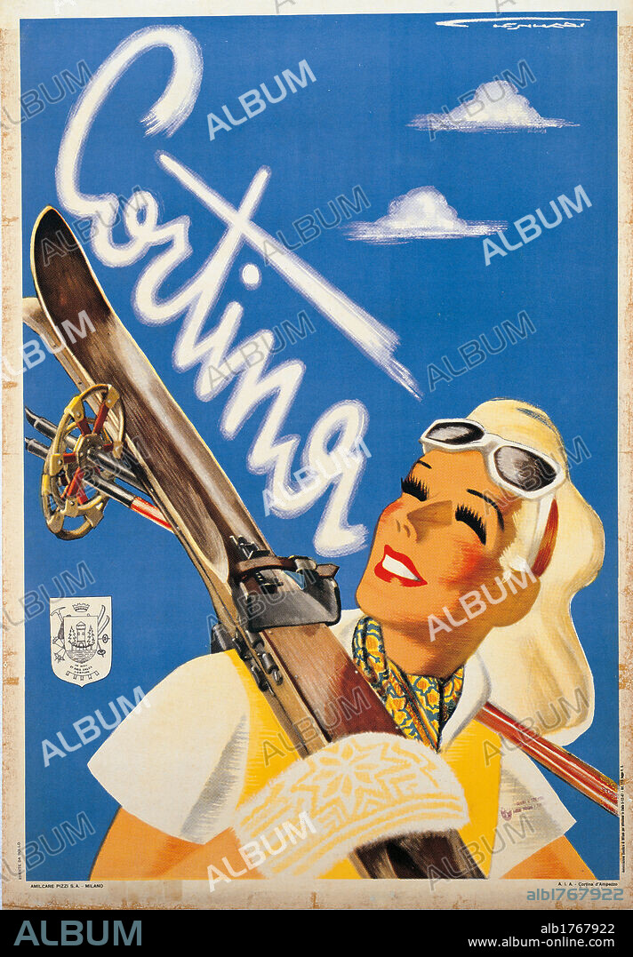 Poster Advertising Cortina dAmpezzo, by Franz Lenhart, 1947, 20th Century, print, cm 110 x 70. Private Collection. Poster advertising Cortina dAmpezzo skis girls face woman sunglasses light blue azure.  Please remember that author's rights have to be cleared for modern and contemporary works of arts.