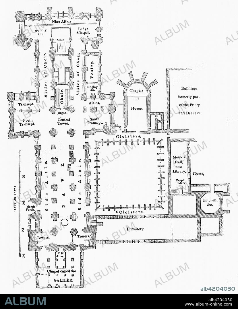 Floor plan of Durham Cathedral, Durham, England.  From Old England: A Pictorial Museum, published 1847.