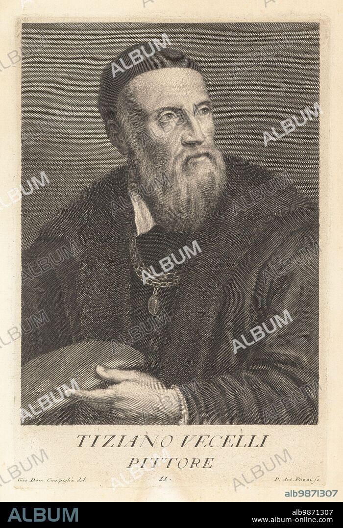 Tiziano Vecelli or Vecellio, known in English as Titian, Italian (Venetian) painter of the Renaissance, c.1488-1576. In cap, fur-trimmed coat over doublet, holding a palette. Copperplate engraving by Pietro Antonio Pazzi after Giovanni Domenico Campiglia after a self portrait by the artist from Francesco Moucke's Museo Florentino (Museum Florentinum), Serie di Ritratti de Pittori (Series of Portraits of Painters) stamperia Mouckiana, Florence, 1752-62.