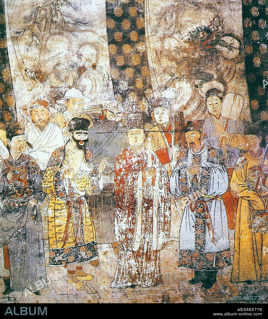 In mid Imperial China, characters in theatrical performances wore elaborate costumes and stereotyped facial makeup, shown here in a large Yuan Dynasty (1279-1368 AD) mural in a hall of the Guangsheng temple in Hongtong, Shanxi province.