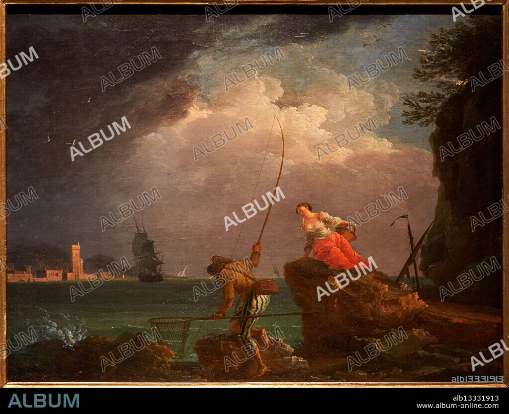 Marina con escena de pesca, Navy with fishing scene, Oil on canvas, CLAUDE-JOSEPH VERNET (1714-1789), Museo de Bellas Artes de Valencia, Comunidad Valenciana, Spain.