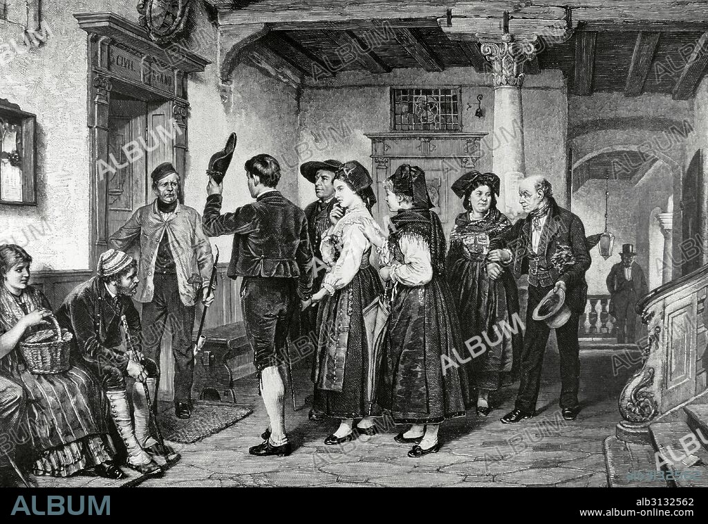 SOCIEDAD SIGLO XIX. SUIZA. EUROPA. "El matrimonio civil" Grabado por R. Brend'Amour extraído de un cuadro del pintor suizo Benjamín Vautier (1829-1898). La Ilustración Artística, 1884.