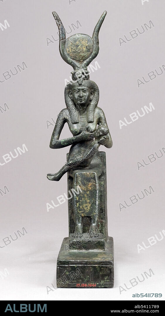 Isis was the wife of Osiris and the mother of Horus, and was symbolically mother to the pharaoh. She is nearly always depicted in anthropomorphic form, standing or seated on a throne. This statuette shows the goddess nursing Horus. She wears a horned crown, as well as the vulture headdress that emphasized the role of goddesses as royal mothers. Bronze or copper alloy, ca. 1070–343 B.C, Egypt.