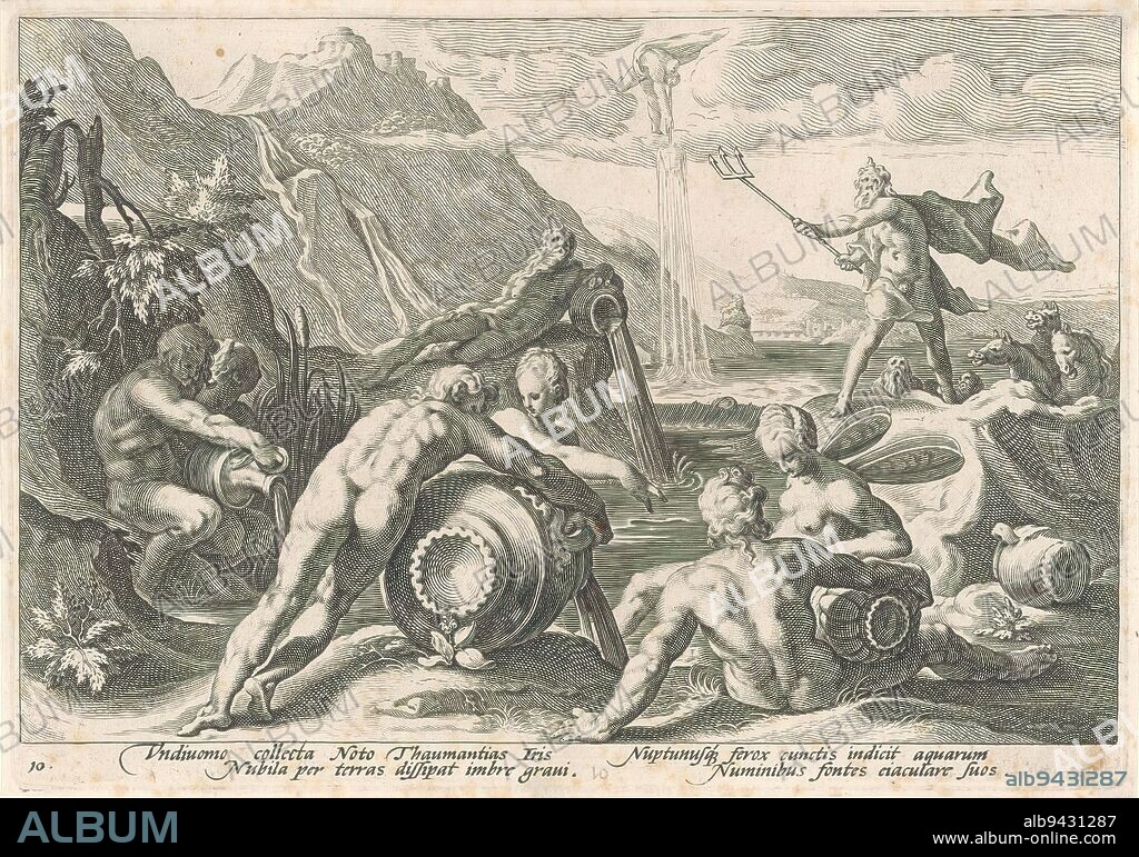 Neptune orders the river gods to cause a deluge, Metamorphoses of Ovid (series title), Standing in a mountainous coastal landscape, Neptune addresses a number of river gods. He calls upon them to help him cause a flood. For Jupiter has decreed that humanity must be wiped out with a great flood, as punishment for bad behavior. In the lower margin a four-line commentary, in two columns, in Latin., print maker: Hendrick Goltzius, (workshop of), after design by: Hendrick Goltzius, Franco Estius, Haarlem, 1589, paper, engraving, height 178 mm × width 256 mm.