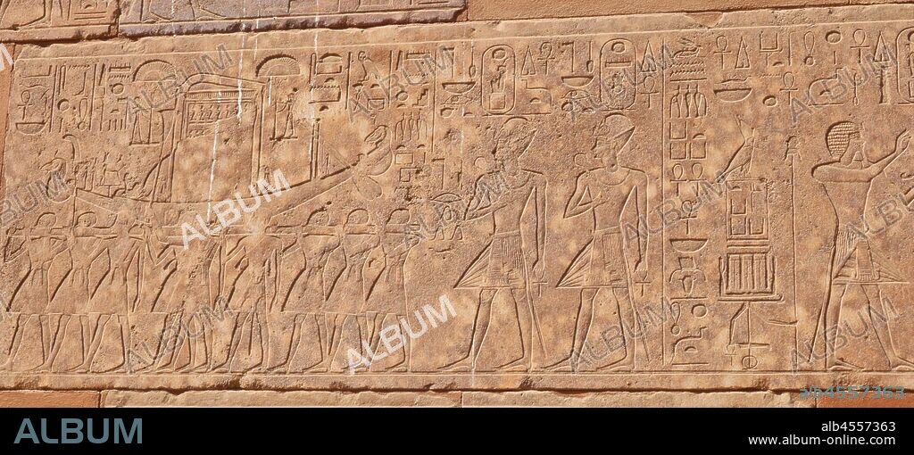 A photograph taken of the Red Chapel of Hatshepsut (the Chapelle Rouge) constructed initially as a barque shrine during the reign of Hatshepsut, the fifth pharaoh of the eighteenth dynasty of Ancient Egypt and ruled from approximately 1479 to 1458 BC. Although it had been demolished and parts were reused in antiquity, following rediscovery, the chapel has been reconstructed using its original materials. Its original location is thought to have been in the central court of the temple of Amun at Karnak, near Thebes.