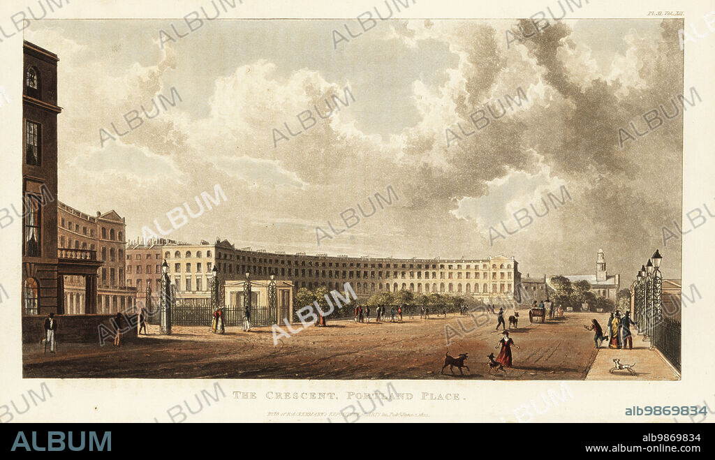 The Crescent built by architect John Nash at Portland Place, London, 1822. Now Park Crescent, at the north end of Portland Place, originally part of a proposed Regents Circus. Handcoloured copperplate engraving from Rudolph Ackermanns Repository of Arts, Literature, Fashions, Manufactures, etc., Strand, London, 1822.