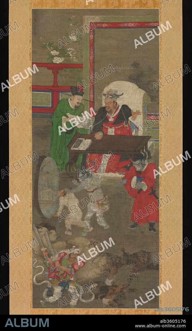 Ten Kings of Hell. Artist: Jin Chushi (Chinese, active late 12th century). Culture: China. Dimensions: Image: 51 x 19 1/2 in. (129.5 x 49.5 cm)
Overall with knobs: 80 x 27 1/2 in. (203.2 x 69.9 cm). Date: before 1195.
This is one from a set of scrolls (30.76.290-.294) illustrating the theme of the Ten Kings of Hell, which developed during the second half of the Tang dynasty (618-907). The theme transforms the Indian Buddhist view of judgment after death into a typically Chinese bureaucratic process. Before being permitted to transmigrate into the next life, a soul is tried by a different king each week for seven weeks; it is sent to the eighth king on the hundredth day, to the ninth after a year, and to the tenth the third year after death. Here, each scroll shows a king--assisted by a scribe and other officials--examining and passing sentence on the souls of the dead; in the foreground demons punish the wicked..
Most extant Song and Yuan dynasty Buddhist paintings were preserved in Japan; many had been taken there from Ningbo, Zhejiang Province, an important port city for Japanese merchants and pilgrims. Inscriptions on the present paintings state that they were made in the studio of Jin Chushi, a Buddhist layman in Mingzhou, the name for Ningbo before it was changed to Qingyuanfu in 1195; the paintings, therefore, must date prior to that year. Stylistically, they are extremely close to The Five Hundred Luohans in the Zen Buddhist temple Daitokuji, Kyoto, which were also made in Ningbo and are dated 1178. The vivid drawing and the intense colors of these works are typical of the best Buddhist narrative paintings of the period.