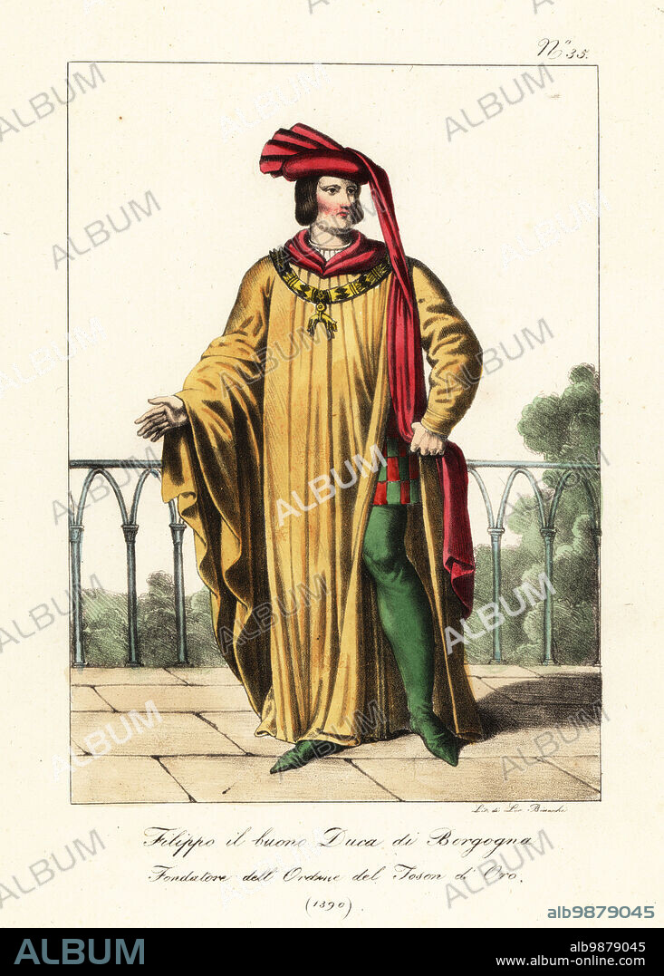 Philip the Good, Philip III, Duke of Burgundy, 1390. Founder of the Order of the Golden Fleece. In hat with long tail, hooded robe, gold chain with lamb, doublet, hose, slippers. Philippe le bon, Duc de Bourgogne, Fondateur de l'Ordre de la Toison d'Or. Handcoloured lithograph by Lorenzo Bianchi after Hippolyte Lecomte from Costumi civili e militari della monarchia francese dal 1200 al 1820, Naples, 1825. Italian edition of Lecomtes Civilian and military costumes of the French monarchy from 1200 to 1820.