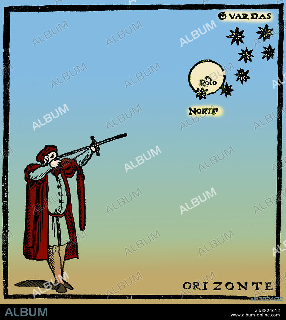 Colorized drawing of a man siting a pole star with a cross-staff. The cross-staff consisted of a long staff with a perpendicular vane which slides back and forth upon it. Navigational angles are measured by holding it so the ends of the vane are level with the points to be measured. A pole star is a visible star that is aligned with the Earth's axis of rotation and lies directly overhead when viewed from the Earth's North Pole or South Pole. In practice, the term Pole Star usually refers to Polaris, which is the current northern pole star, also known as the North Star. Early in the sixteenth century it was used as a seaman's navigational instrument.