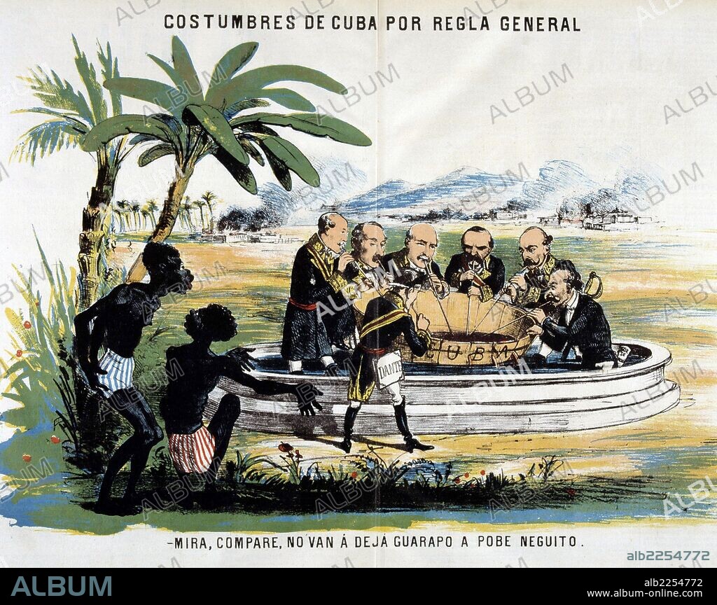 GOBIERNO PROVISIONAL. ESPAÑA 1869. CARICATURA POLITICA PUBLICADA EN LA FLACA , REFERENTE A LA POLITICA DELGOBIERNO ANTE LA PRIMERA INTENTONA INDEPENDENTISTA DE CUBA.