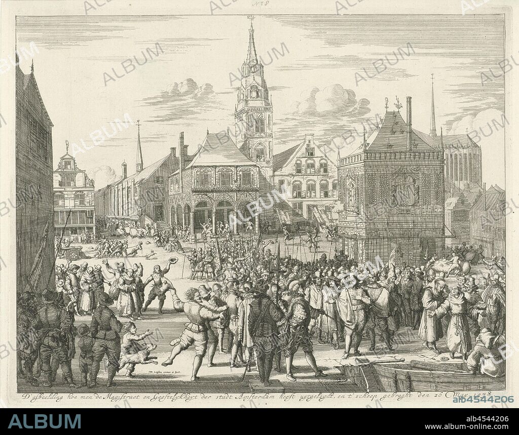 Alteratie van Amsterdam, May 26, 1578 The image of how the Magistraet and Geestelykheyt of the city of Amsterdam have been extracted, and the ship was built on May 26. 1578 (title on object), 26 May 1578. The Spanish-minded city council and the Roman clergy are forced to leave, on the quay near the Dam they board boats, townhall, weigh-house, church (exterior), Dam, City Hall of Amsterdam (14th century-1652), Waag op de Dam, Nieuwe Kerk, Jan Luyken (mentioned on object), Amsterdam, 1679 - 1694, paper, etching, h 273 mm × w 349 mm.