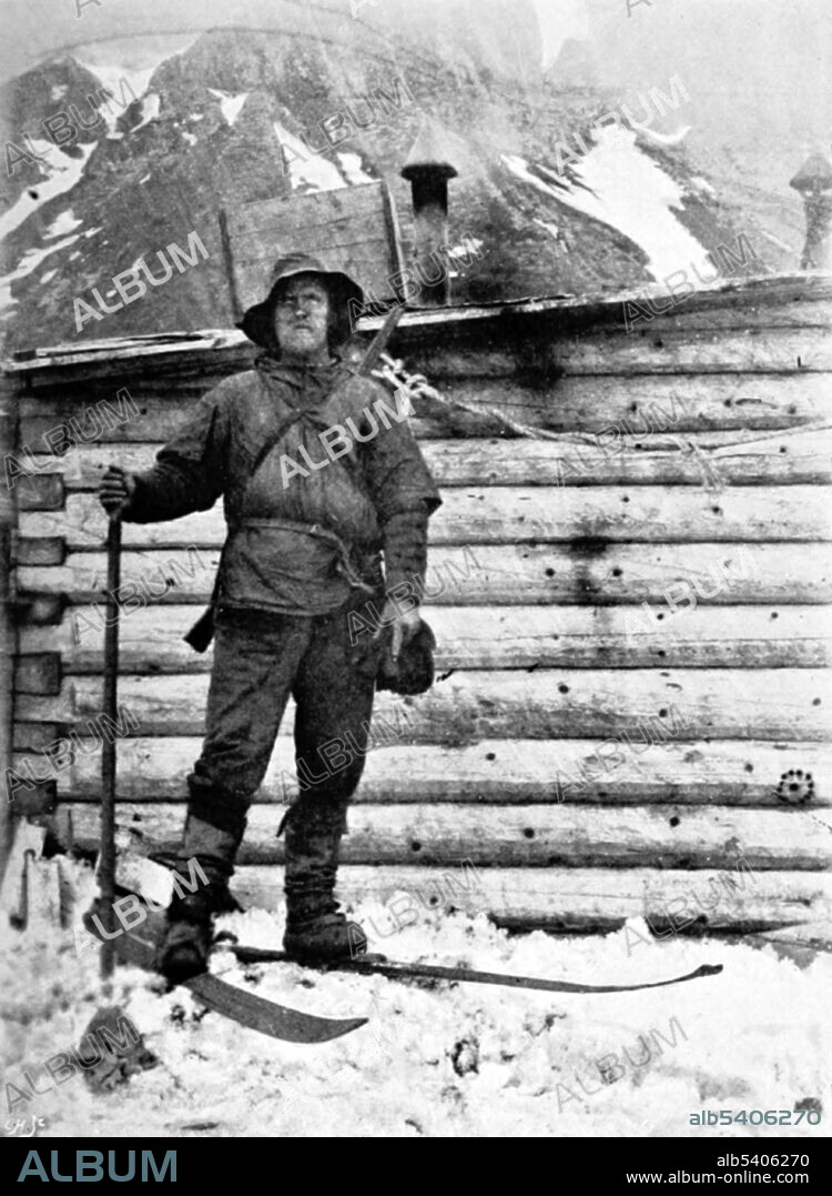 Johansen at Cape Flora. Fredrik Hjalmar Johansen (May 15, 1867 January 3, 1913) was a Norwegian polar explorer. He shipped out with the Fridtjof Nansen expedition in 1893-1896, and accompanied Nansen to notch a new Farthest North record near the North Pole. Johansen also participated in the expedition of Roald Amundsen to the South Pole in 1910-1912. A chance encounter between explorers Fridtjof Nansen and Frederick George Jackson took place here in 1896. Jackson was leading the Jackson-Harmsworth Expedition, based at Cape Flora, when this meeting occurred, on June  17, 1896.  No photographer credited, 1896 (cropped and cleaned).
