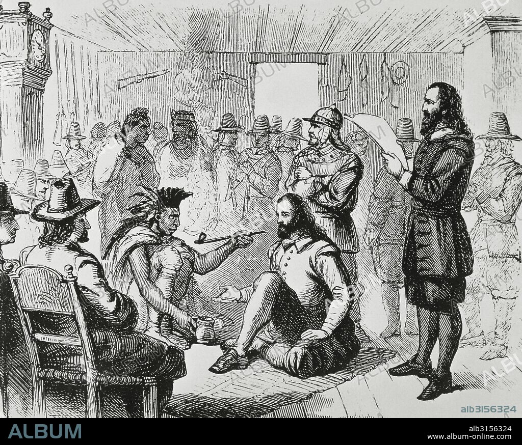 COLONIZACION DE AMERICA DEL NORTE (1607-1755). MASSASOIT, jefe supremo de la tribu Wampanoag, era amigo de los blancos, a pesar de los asesinatos llevados a cabo por los nuevos colonos ingleses. En 1621, Massasoit extendió la pipa de la paz al gobernador John Carner en Plymouth. El jefe indio jamás rompió su palabra a pesar de desconfiar de los blancos. Grabado.