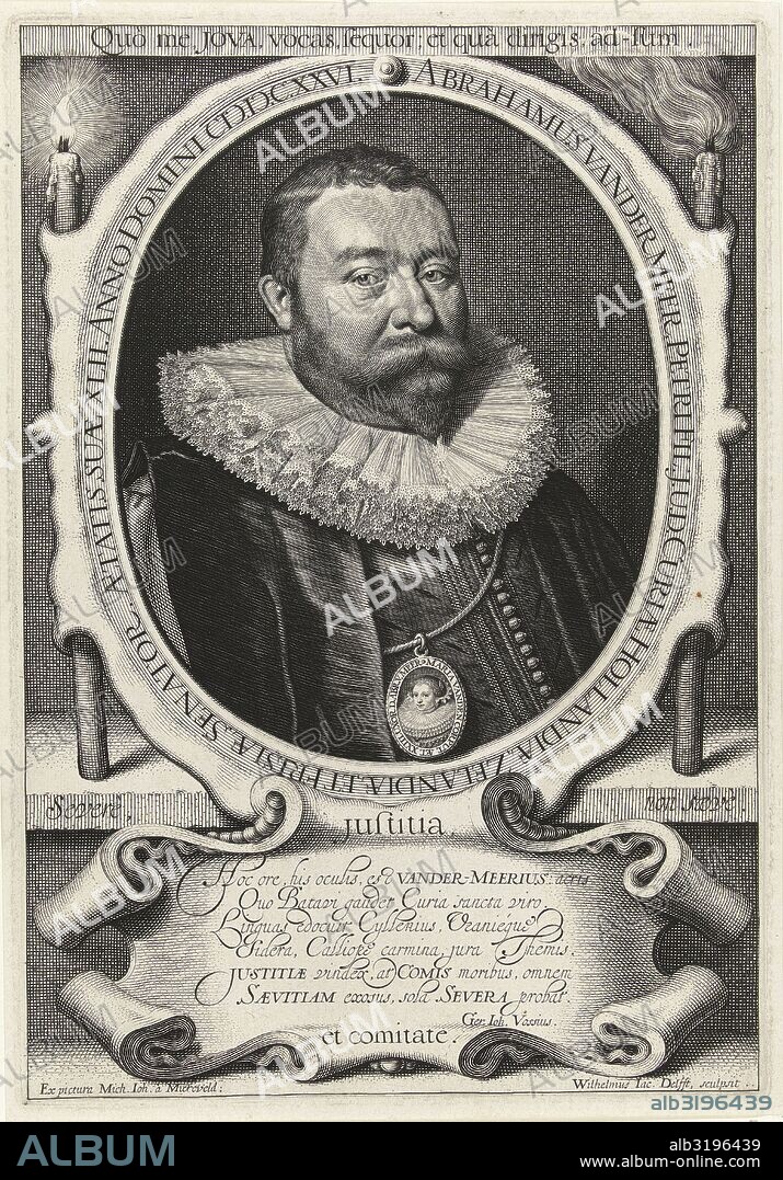 Portrait of Abraham van der Meer at the age of 42 with miniature portrait of his wife Maria van den Corput at the age of 23, Willem Jacobsz. Delff, Gerardus Joannes Vossius, 1626.