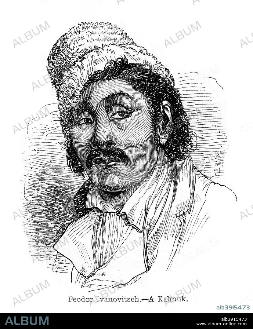 'Feodor Ivanovitsch - A Kalmuk', 1848. Kalmyks (also spelled Kalmucks, Kalmuks, or Kalmyki) are a West Mongolian people. An engraving from the Natural History of Man, by James Cowles Prichard, (Hippolyte Bailliere, London, third edition, 1848).