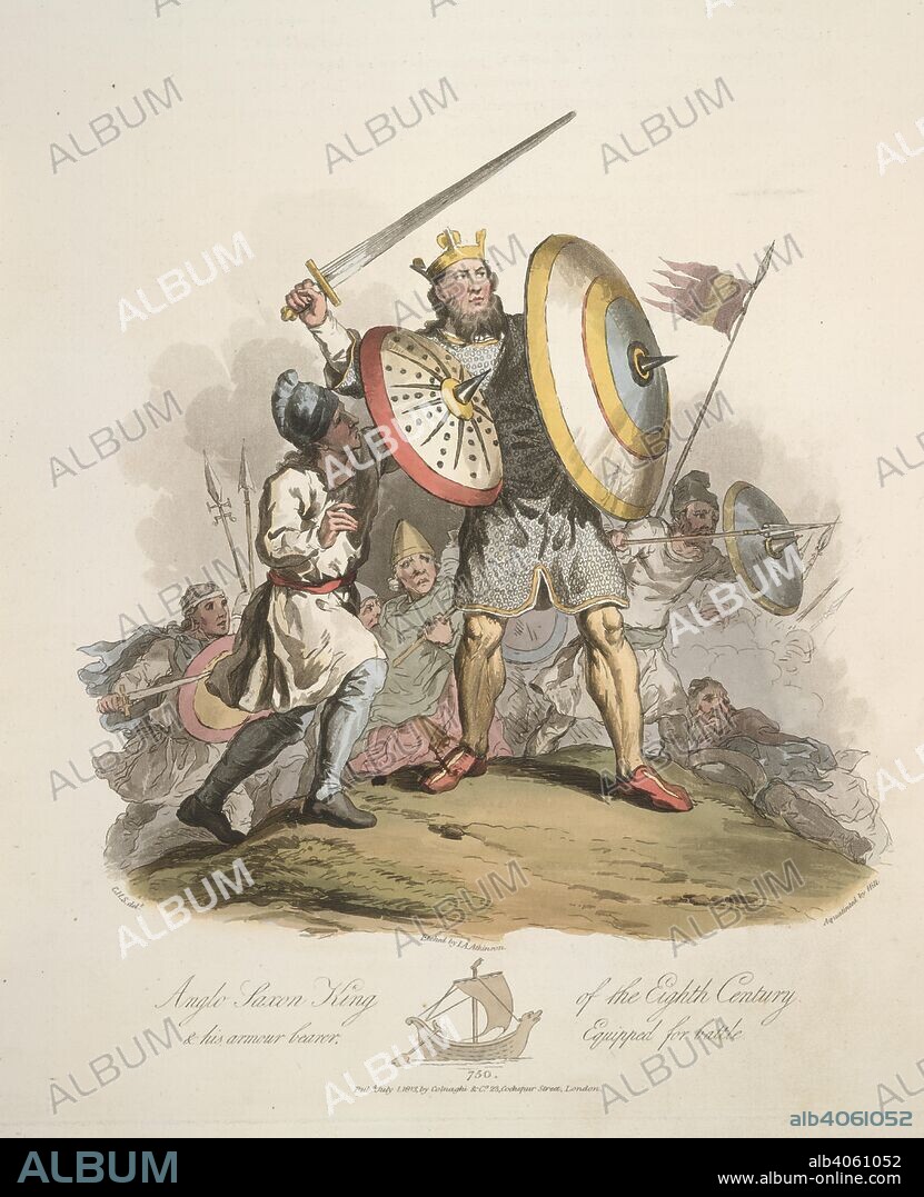 SIR SAMUEL RUSH MEYRICK, C. H. SMITH, C. H. S HILL y I. A ATKINSON. Anglo-Saxon king. The Costume of the original inhabitants of the Bri. R. Havell: London, 1815. Anglo-Saxon king and his armour-bearer equipped for battle. Anno 750.The king wears a golden crown surmounted by three fleur de lys. He wears body armour, a costume of iron rings.  Image taken from The Costume of the original inhabitants of the British Islands from the earliest periods to the sixth century, to which is added that of theGothic nations on the Western Coasts of the Baltic, the ancestors of the Anglo-saxons and Anglo-Danes..  Originally published/produced in R. Havell: London, 1815. . Source: 141.h.13.(2),. Language: English.