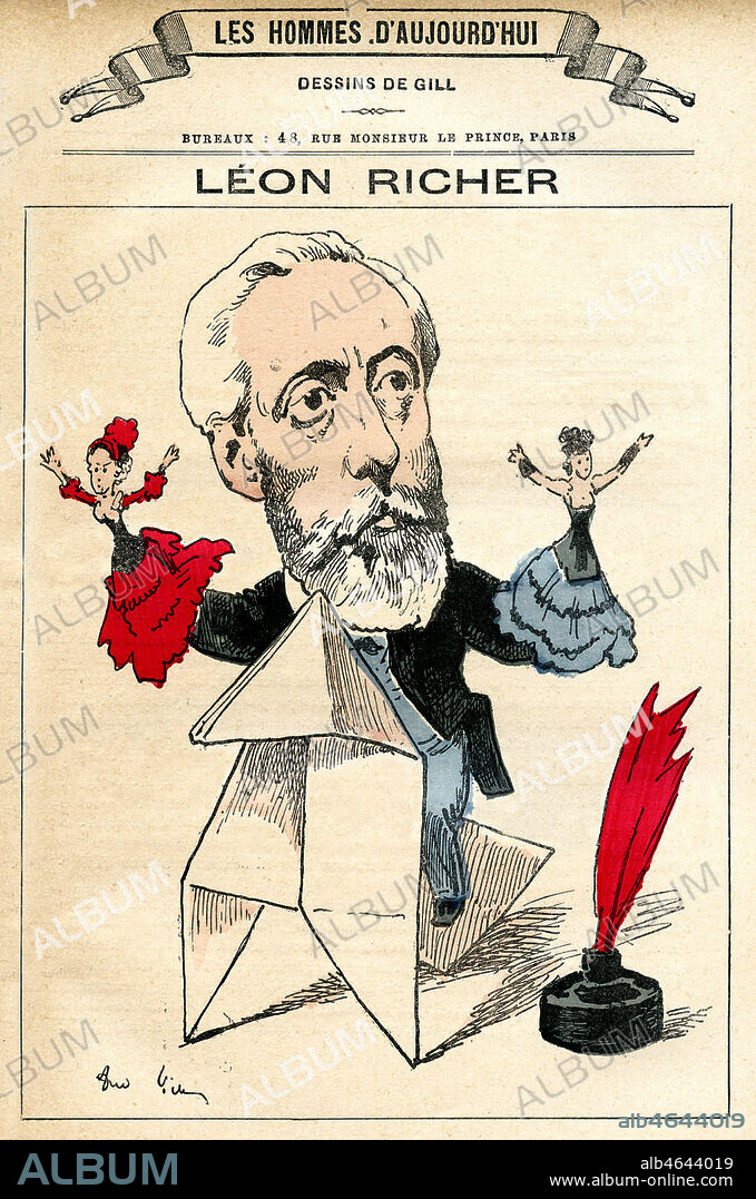 Leon RICHER (1824-1911) monte une cocotte en papier en jouant avec des marionnettes de femmes qu'il a defendues dans ses ecrits feministes. Caricature par Andre GILL (1840-1885) pour les Hommes d'Aujourd'hui vers 1880. Credit : Collection Jonas/KHARBINE-TAPABOR.