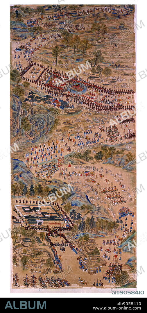 According to palace records, Lady Hyegyeong, King Jeongjo's mother, was so pleased to be presented with a screen of such magnificent scale and stunning precision that she rewarded each of the seven artists who participated in its production. The artists were Choe Deuk-hyeon, Kim Deuk-sin, Yi Myeong-gyu, Jang Han-jong (1768 - 1815), Yun Seok-keun, Heo Sik (1762 - ?) and Yi In-mun. From the time of Joseon dynasty (1392 - 1910).