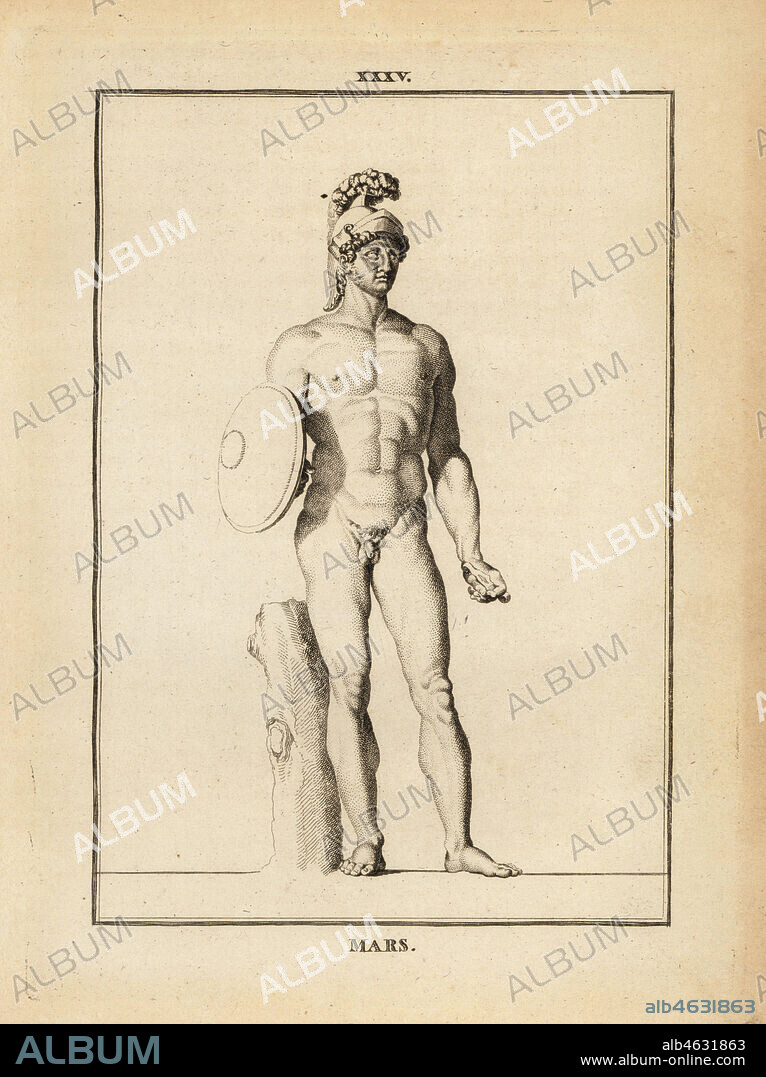 Statue of Mars, Roman god of war with helmet and shield. Copperplate engraving by Francois-Anne David from Museum de Florence, ou Collection des Pierres Gravees, Statues, Medailles, Chez F.A. David, Paris, 1787. David (1741-1824) drew and engraved the illustrations based on Roman statues, engraved stones and medals in the collection of the Museum de Florence and the cabinet of curiosities of the Grand Duke of Tuscany.