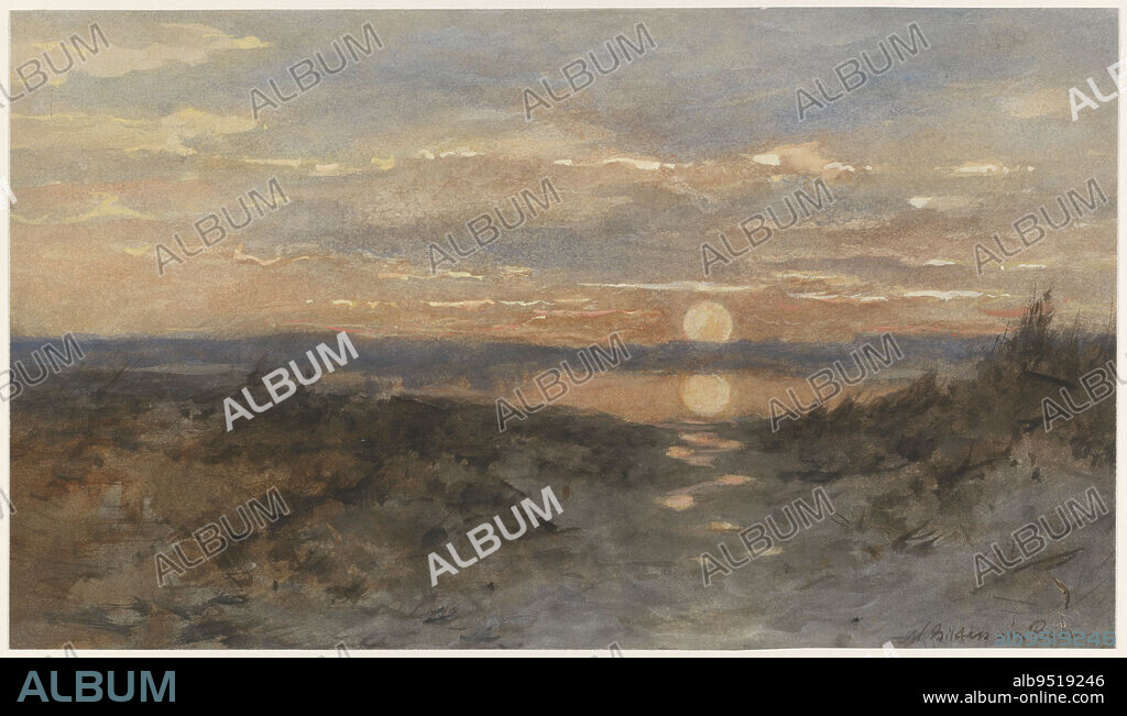 Landscape with sunset, draughtsman: Maria Bilders-van Bosse, 1847 - 1900, paper, brush, h 262 mm × w 452 mm.