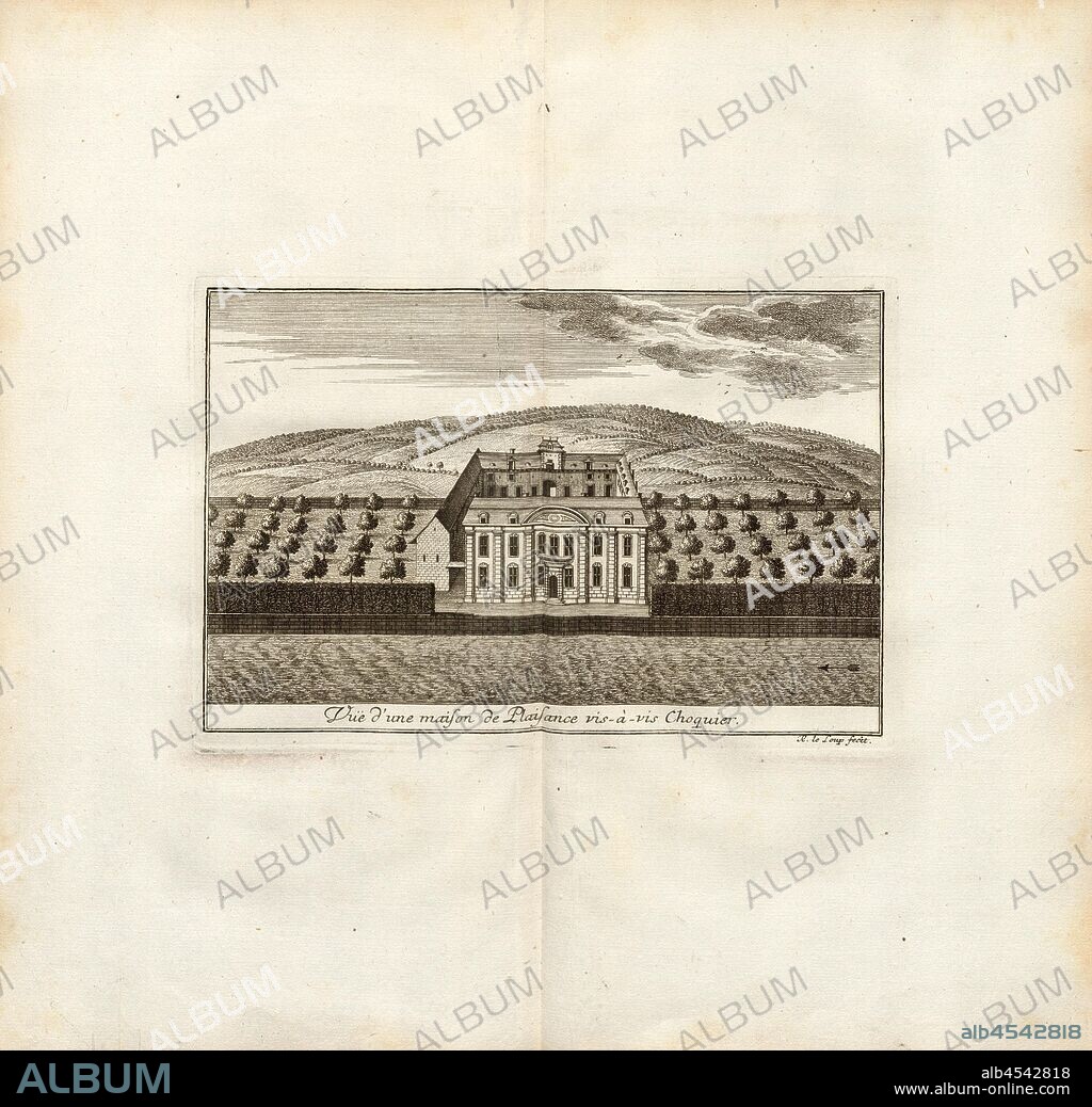 View of a Maison de Plaisance vis-à-vis Choquier, House near Château de Chokier in Flémalle (Belgium), signed R. le Loup fecit, Fig. 33, p. 318, Leloup, Remacle (fec.), 1744, Les délices du païs de Liège, ou description géographique, topographique et chorographique des monumens sacrés et profanes de cet evêché-principauté et de ses limites. Ouvrage orné d'une carte générale & de quantité de planches en taille-douce, contenant les vûës de toutes les villes, églises, monastères, edifices publics, châteaux & maisons de campagne de ce païs; avec des notes pour l'éclaircissement de plusieurs faits. Liège: chez Everard Kints, Imprimeur de Son Altesse, M. DCC. XXXVIII.-M. DCC. XLIV [1738-1744].