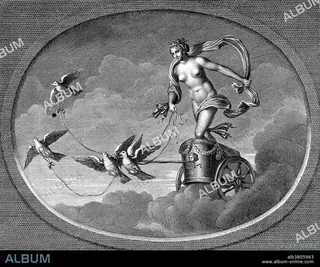 Venus in her chariot, drawn by doves. Venus is the Roman goddess of love, beauty, desire, sex, fertility, prosperity and victory. In Roman mythology, she was the mother of the Roman people through her son, Aeneas, who survived the fall of Troy and fled to Italy. Venus was central to many religious festivals, and was revered in Roman religion under numerous cult titles. The Romans adapted the myths and iconography of her Greek counterpart Aphrodite for Roman art and Latin literature. In the later classical tradition of the West, Venus becomes one of the most widely referenced deities of Greco-Roman mythology as the embodiment of love and sexuality. In myth, Venus-Aphrodite was born of sea-foam. Engraving by Carlo Lasinio, 1695, after Raphael, 1516.