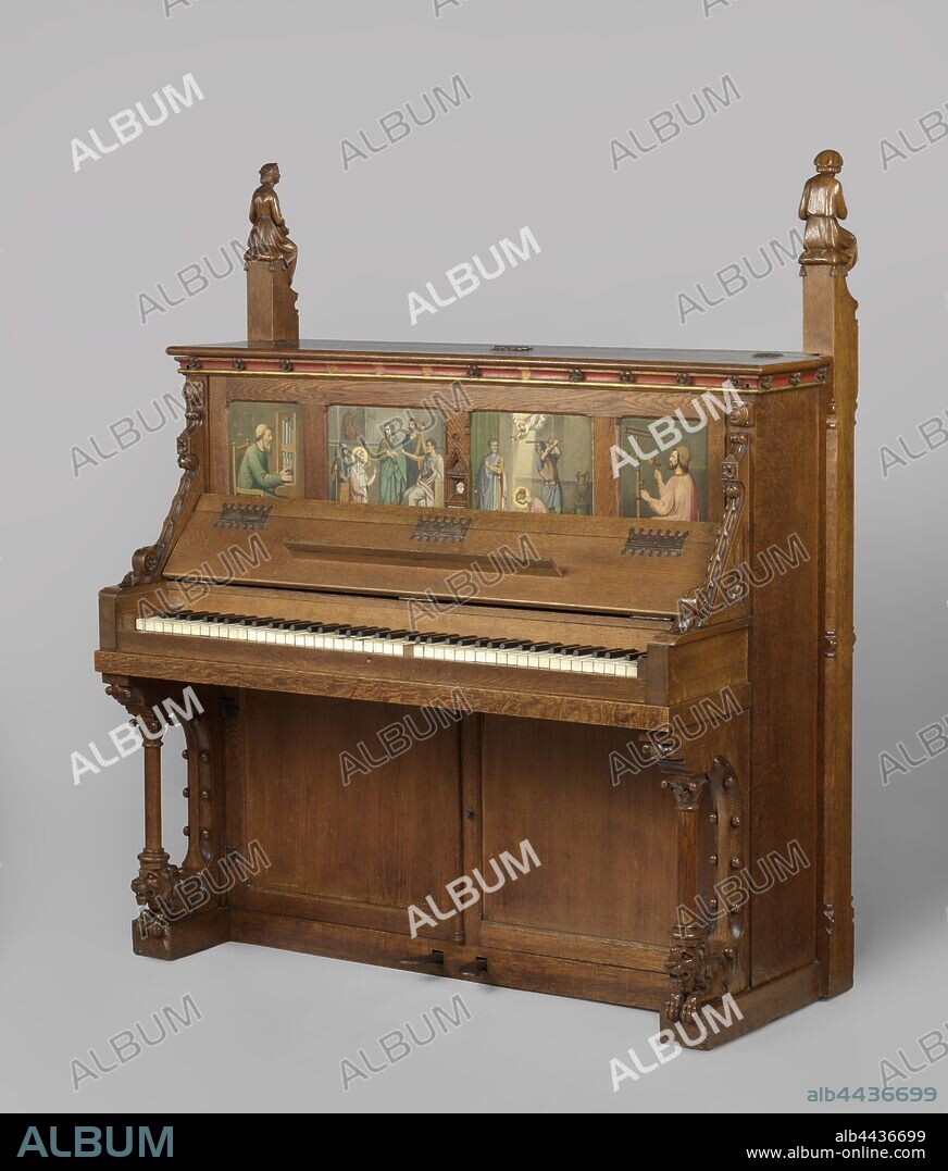 Music cabinet and piano with a relic or St Cecilia Music cabinet and piano with a relic or St Cecilia Piano whose cabinet is partly painted in oak and pine with colors and gold on the front a rear glass placed relic, Piano, of which the oak and pine cabinet is partially painted in colors and gold. The pillars bearing the keyboard rest on lying lions coming out of the cupboard, and the two high corner posts are crowned by the figures of a flute player and a citizen player, with the faces of Cuypers and his wife Antoinette. On both sides of the relic of St Cecilia placed behind glass, painted scenes from her life are: her defense against the prefect of Almachius, she bows her head to the executioner. On the far left the monk Hucbald, inventor of the counterpoint, far right Pythagoras, founder of harmony. On the reverse we see Mary in the center with his hands raised on the throne, with music-making angels and female and male saints. To the left and right of this are female and male representatives of sacred music from all centuries. Signed in right-most front view: monogram PJHC, label with inscription in gold: Piano and Organ warehouse / from TH.BRUGMAN / 93 Lauriergracht etc, the virgin martyr Cecilia of Rome, possible attributes: falcon, musical instruments, organ, wreath of roses and lilies, Pierre Joseph Hubert Cuypers, Antoinette Catharine Thérèse Alberdingk Thijm, Antoine Bord, 1858 - 1859, pine (wood), oak (wood), glass, cloth, h 165.2 cm × w 139.8 cm × d 65 cm.