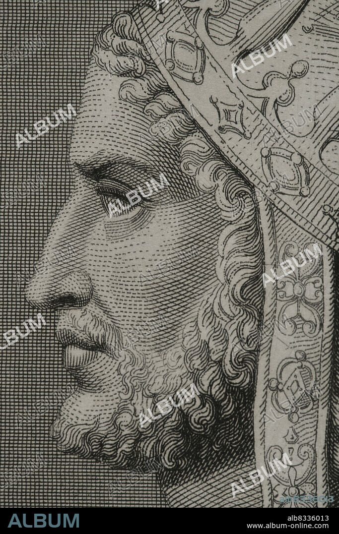 Justiniano I el Grande (482-565). Emperador del Imperio romano de Oriente (527-565). Retrato. Grabado. Detalle. Historia Universal, por César Cantú. Tomo VIII. 1858.