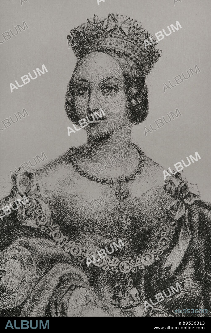 MARTÍNEZ. 19TH CENTURY SPANISH LITHOGRAPHER.. Victoria del Reino Unido (1819-1901). Reina del Reino Unido (1837-1901). Emperatriz de la India. Retrato. Litografía por Martínez. Detalle. Reyes Contemporáneos. Tomo I. Publicado en Madrid, 1855.