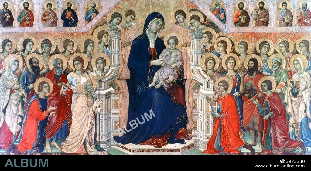 'Maestà', (Madonna with Angels and Saints), 1308-1311. Found in the collection of the Museo dell'Opera del Duomo, Siena, Italy.