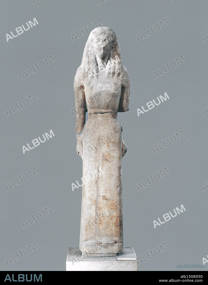 Greek civilization, 8th century b.C. Statue dedicated to ARCHAIC GREEK ART META 'of the seventh century BC Statue dedicated to Artemis by Nikandre of Naxos, marble, h. 1.75 m. From Delos.