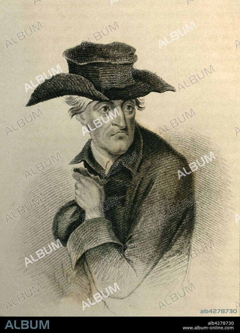 R PAGE. 'Daniel Dancer, Esq. - The Remarkable Miser', 1821. Portrait of notorious English miser and eccentric Daniel Dancer (1716-1794), who owned land and property but wore rags, allegedly warmed his dinner by sitting upon it, and died naked in a sack. To prevent theft, he fastened his door up and got into his house through an upper window via a ladder which he drew up after him. From "Wonderful Characters: Comprising Memoirs and Anecdotes of the Most Remarkable Persons of Every Age and Nation", Vol. II, by Henry Wilson. [J. Robins and Co. Albion Press, London, 1821].