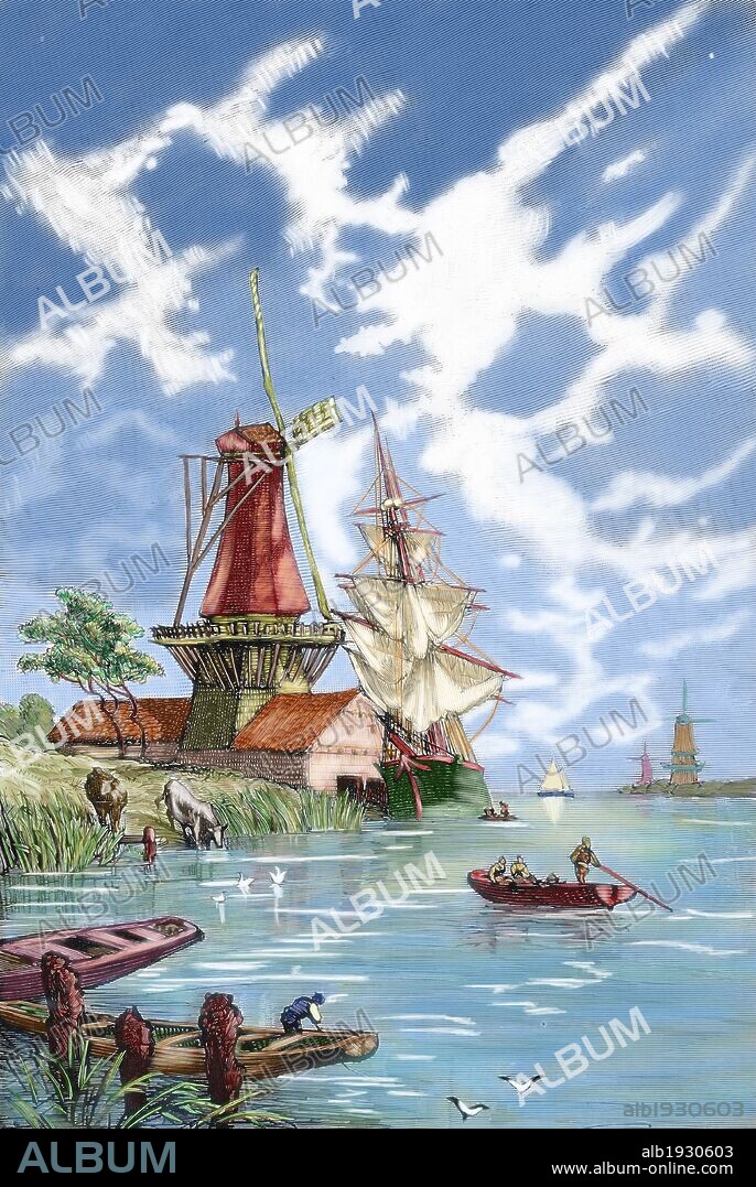 HISTORIA DE HOLANDA. SIGLO XIX. Vista de un CANAL. Grabado coloreado de "La Ilustración Española y Americana", año 1876.