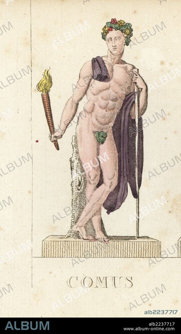 Comus, Greek god of festivity and excess, with torch, wreath and staff. Handcoloured copperplate engraving engraved by Jacques Louis Constant Lacerf after illustrations by Leonard Defraine from "La Mythologie en Estampes" (Mythology in Prints, or Figures of Fabled Gods), Chez P. Blanchard, Paris, c.1820.