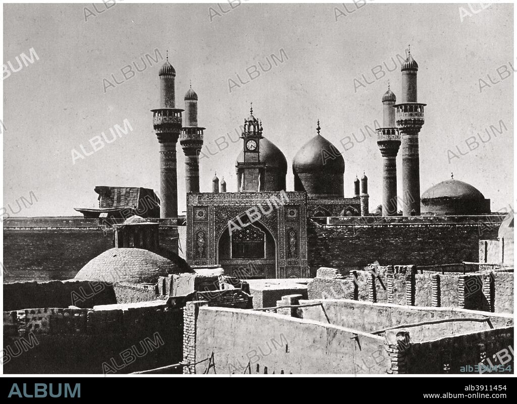 The golden domes and minarets of the al-Kadhimiya Mosque, Baghdad, Iraq, 1925. Two of the Shia Imams are buried within the mosque, which was built in the 16th century. A print from Baghdad, Camera Studio Iraq, published by Hasso Bros, Rotophot AG, Berlin, 1925.