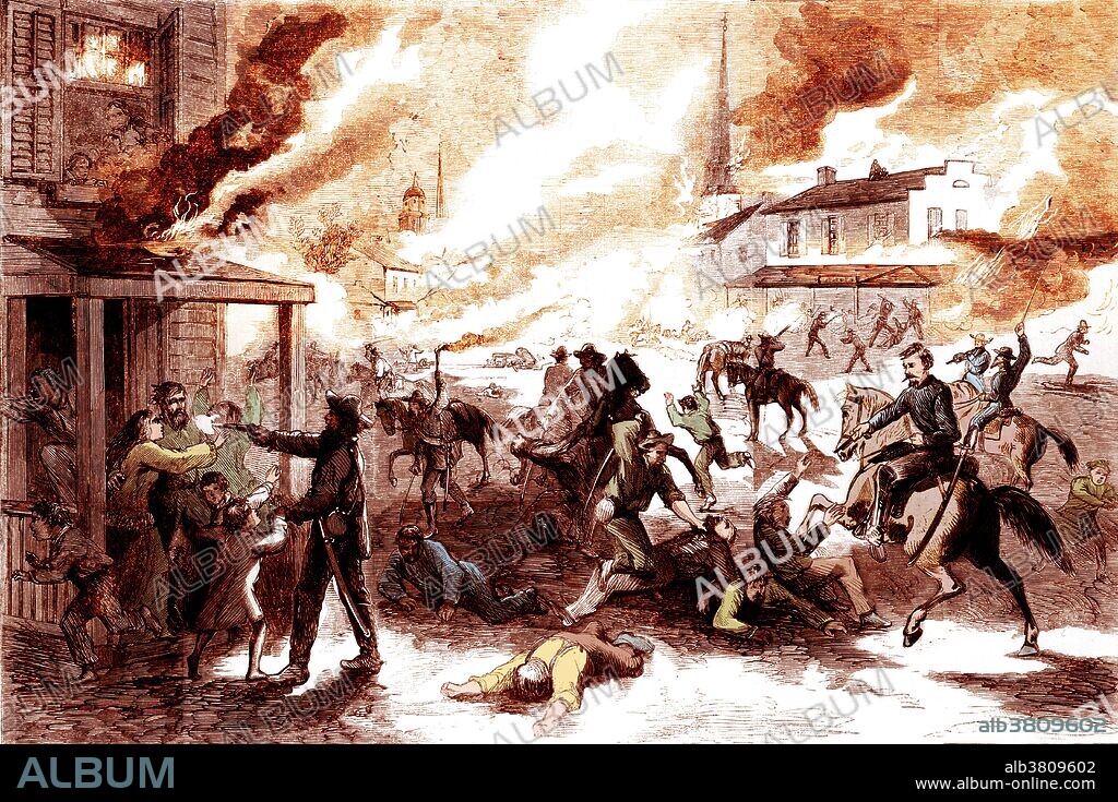 Entitled: "The destruction of the city of Lawrence, Kansas, and the massacre of its inhabitants by the Rebel guerrillas, August 21, 1863." Quantrill's raid on the free-state town of Lawrence, Kansas was a defining moment in the border conflict. At dawn on August 21, 1863, a group of roughly 400 Confederate guerrillas entered the sleeping town with lists of men to be killed and buildings to be burned. His men burned to the ground a quarter of the buildings in Lawrence, including all but two businesses. They looted most of the banks and stores and killed between 185 and 200 men and boys. While many of the victims of the raid had been specifically targeted beforehand, executions were more indiscriminate among segments of the raiders. Survivors reported that one man was shot while in the arms of his pleading wife, that another was killed with a toddler in his arms, that a group of men who had surrendered under assurances of safety were then gunned down, and that a pair of men were bound and forced into a burning building where they died in horrible agony. The Lawrence Massacre was one of the bloodiest events in the whole history of Kansas. Harper's Weekly, September 5, 1863.