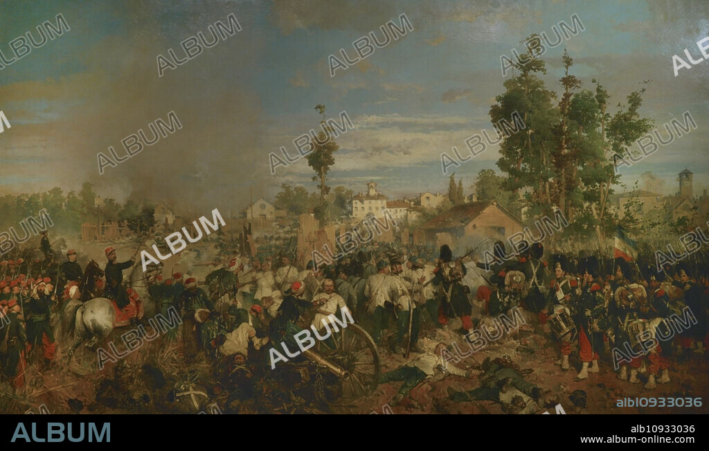 GEROLAMO INDUNO (1825-1890). ITALIAN PAINTER.. Unificación de Italia. Segunda Guerra de la Independencia Italiana. La batalla de Magenta (4 junio de 1859). Las tropas sardo-francesas, al mando de Napoleón III, derrotaron a las austríacas (con chaquetas blancas). El general francés Patrice de Mac Mahon (1808-1893) es representado a la izquierda. Pintura por Gerolamo Induno (1825-1890). Oleo sobre lienzo, 1861. Museo del Risorgimento. Milán, Italia. (En depósito, MIBAC Soprintendenza Belle Arti e Paesaggio, Milán).