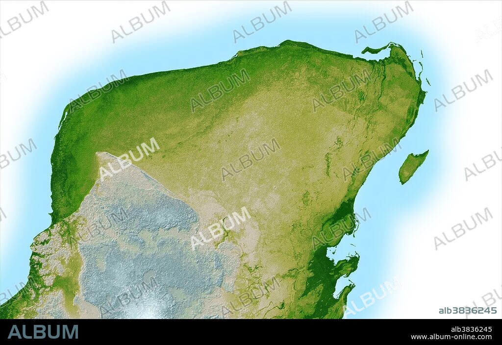 This shaded relief image of Mexico's Yucatan Peninsula show a subtle, but unmistakable, indication of the Chicxulub impact crater. Most scientists now agree that this impact was the cause of the Cretatious-Tertiary Extinction, the event 65 million years ago that marked the sudden extinction of the dinosaurs as well as the majority of life then on Earth. Most of the peninsula is visible here, along with the island of Cozumel off the east coast. The Yucatan is a plateau composed mostly of limestone and is an area of very low relief with elevations varying by less than 500 feet. In this computer-enhanced image the topography has been greatly exaggerated to highlight a semicircular trough, the darker green arcing line at the upper left corner of the peninsula. This trough is only about 10 to 15 feet deep and about 3 miles, so subtle that if you walked across it you probably would not notice it, and is a surface expression of the crater's outer boundary.