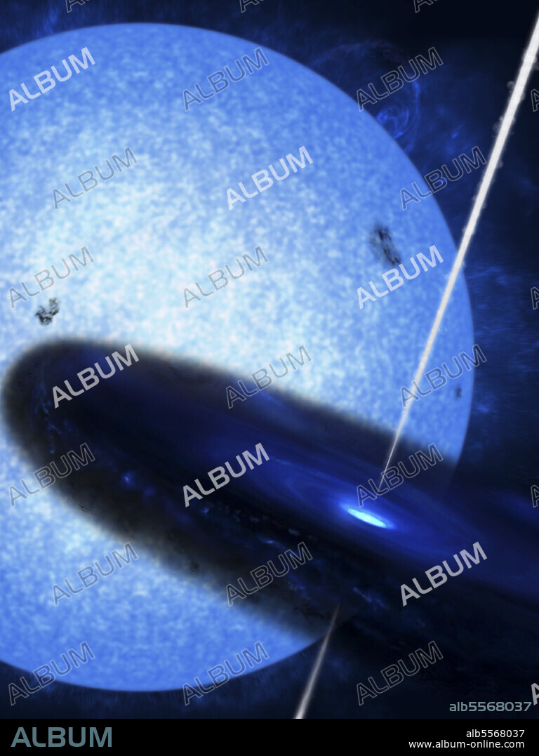 In 1964 a luminous x-ray source in the sky caught the attention of astronomers. This source contained the first black hole discovered. It orbits the star HDE 226868, also known as Cygnus X-1, 6,000 light years away in the constellation Cygnus The Swan. The star is a massive blue giant, containing between 20-40 solar masses. The compact object captures some of the massive solar wind that flows from the blue giant. The black hole is not close enough to distort the shape of the star. That is why there is no steady stream of matter flowing in this binary star system.