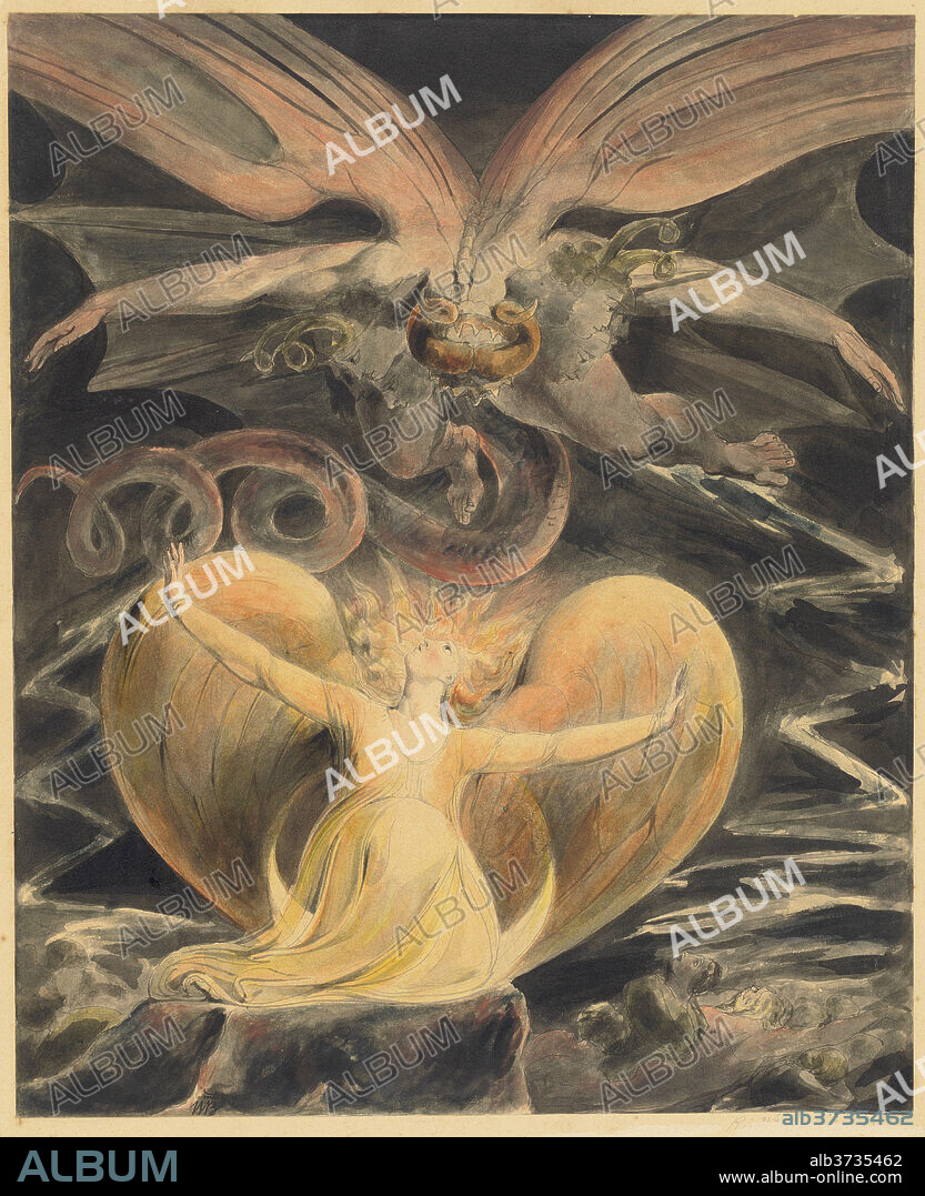 WILLIAM BLAKE. The Great Red Dragon and the Woman Clothed with the Sun. Dated: c. 1805. Dimensions: Overall: 40.8 x 33.7 cm (16 1/16 x 13 1/4 in.)  support: 55.2 x 44.2 cm (21 3/4 x 17 3/8 in.). Medium: pen and gray ink with watercolor over graphite.