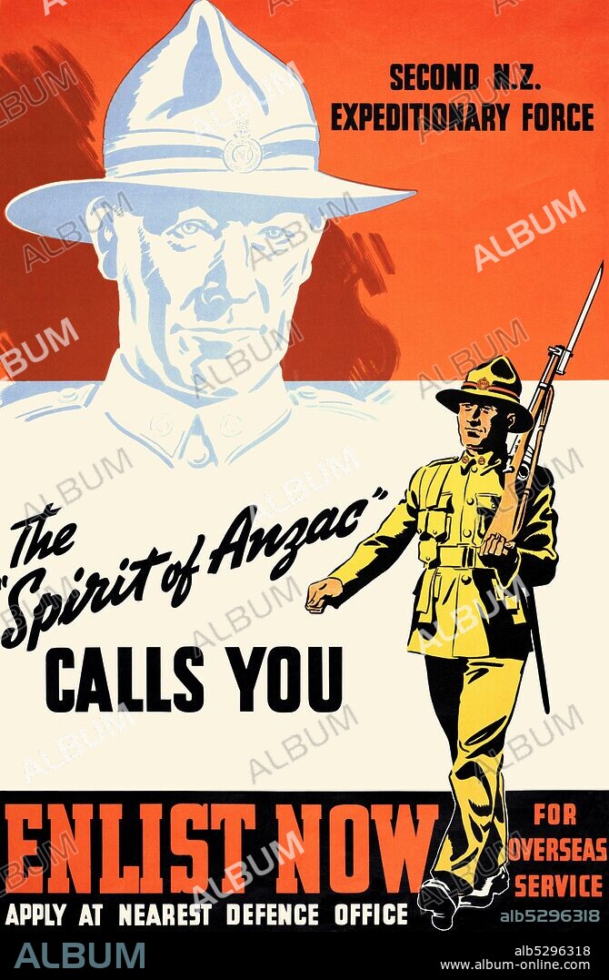 New Zealand WWII recruiting poster for the Second N.Z. Expeditionary Force.  The "Spirit of Anzac" Calls You - Enlist Now for overseas service.  Apply at nearest Defence office.  This poster was one of the first two voluntary recruitment posters to be commissioned by the New Zealand Army Department at the beginning of the Second World War. It was critical for the government to stimulate enthusiasm for voluntary enlistment, partly in the hope of avoiding conscription.  The imagery in this poster relies on the viewer's memory of the First World War when the legend of the ANZAC soldier was born. The larger-than-life ghostly figure of a First World War soldier with his lemon squeezer hat could be a father looking down on his son, the next generation, to inspire continuity in honor and commitment. The emotive 'spirit of Anzac' is called upon to persuade the viewer to enlist - not the government.  Whitcombe & Tombs Limited; printing firm; Late 1939 / Early 1940; Wellington, New Zealand Army   .