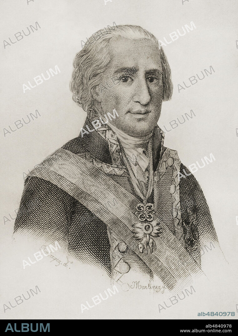 Pedro de Alcántara Téllez Girón y Pacheco (1755-1807). IX Duque de Osuna. Teniente general. Ilustración por Rodriguez. Grabado por Martínez. "Historia del Levantamiento, Guerra y Revolución de España", por el conde de Toreno. Madrid,1851.