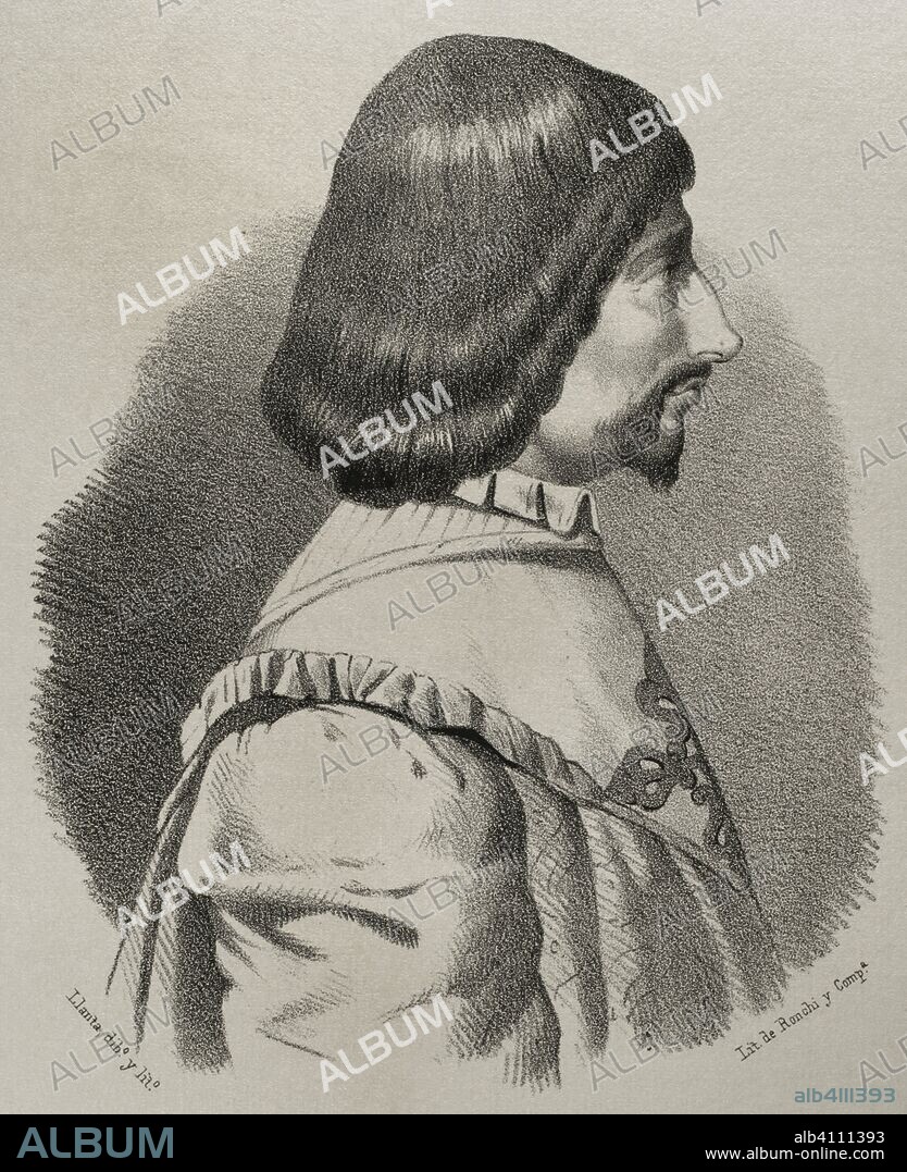 Enrique de Aragon or de Villena (1384-1434), also known as Henry de Villeine. Spanish nobleman, writer and poet. Master of the Order of Calatrava. Drawing by Santiago Llanta. Portrait. Lithography. Cronica General de Espa–a, Historia Ilustrada y Descriptiva de sus Provincias. Castilla-La Nueva, 1869.
